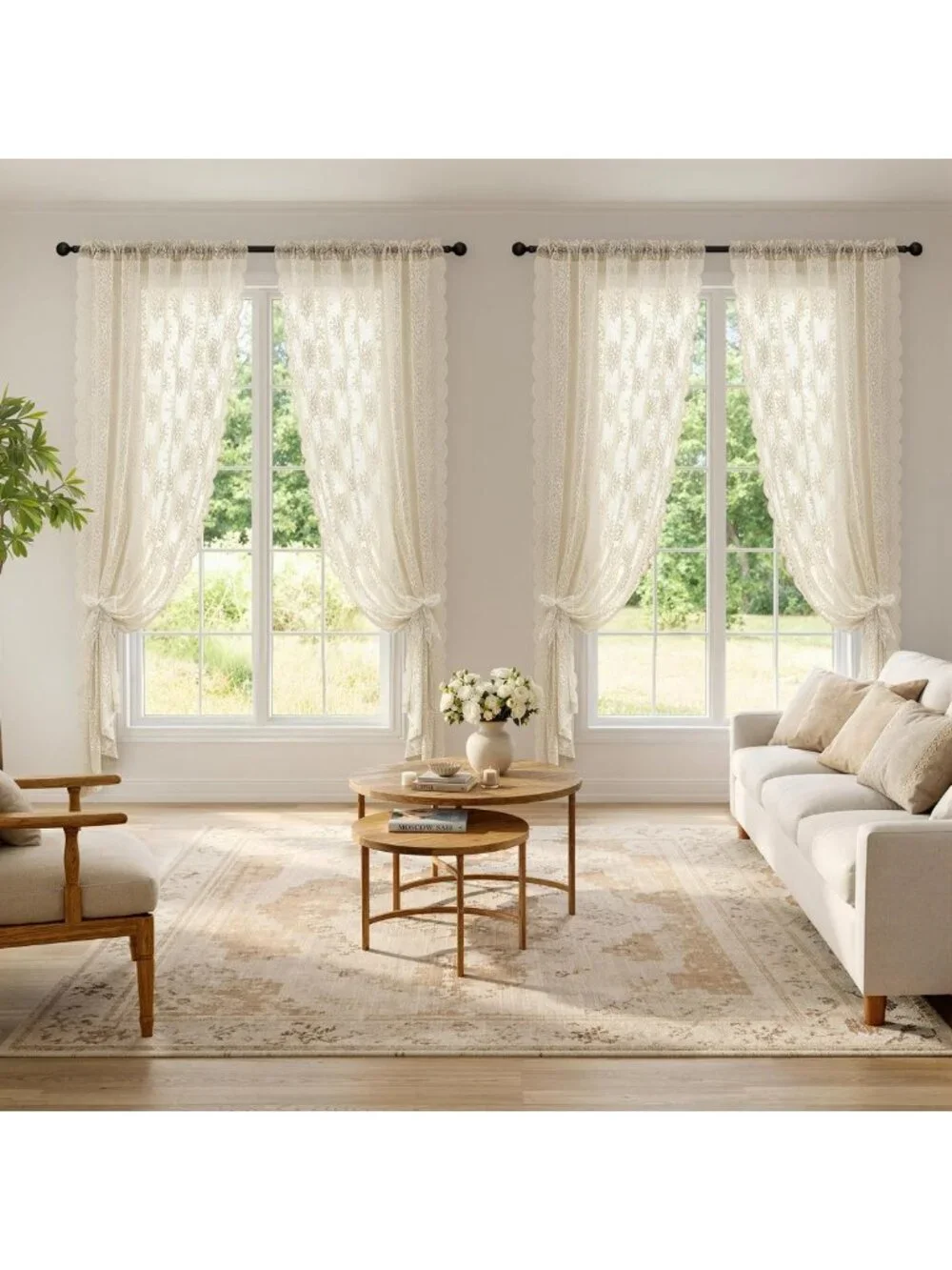 Vintage Floral Lace Curtains, Scalloped Design, Cream 52